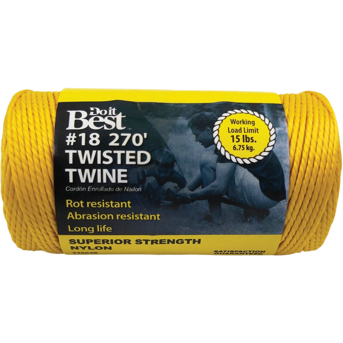 Yellow nylon twisted twine spool with 270 feet length, rot and abrasion resistant for tools and home improvement tasks