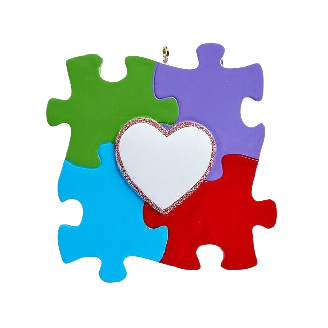 Four colorful puzzle pieces in green, purple, blue, and red with a central white heart in Christmas Ornaments & Tree Decorations collection