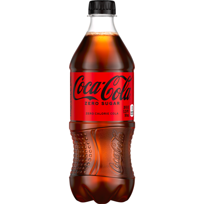 20 oz plastic bottle of Coca-Cola Zero Sugar with textured grip and red label for refreshing beverage enjoyment