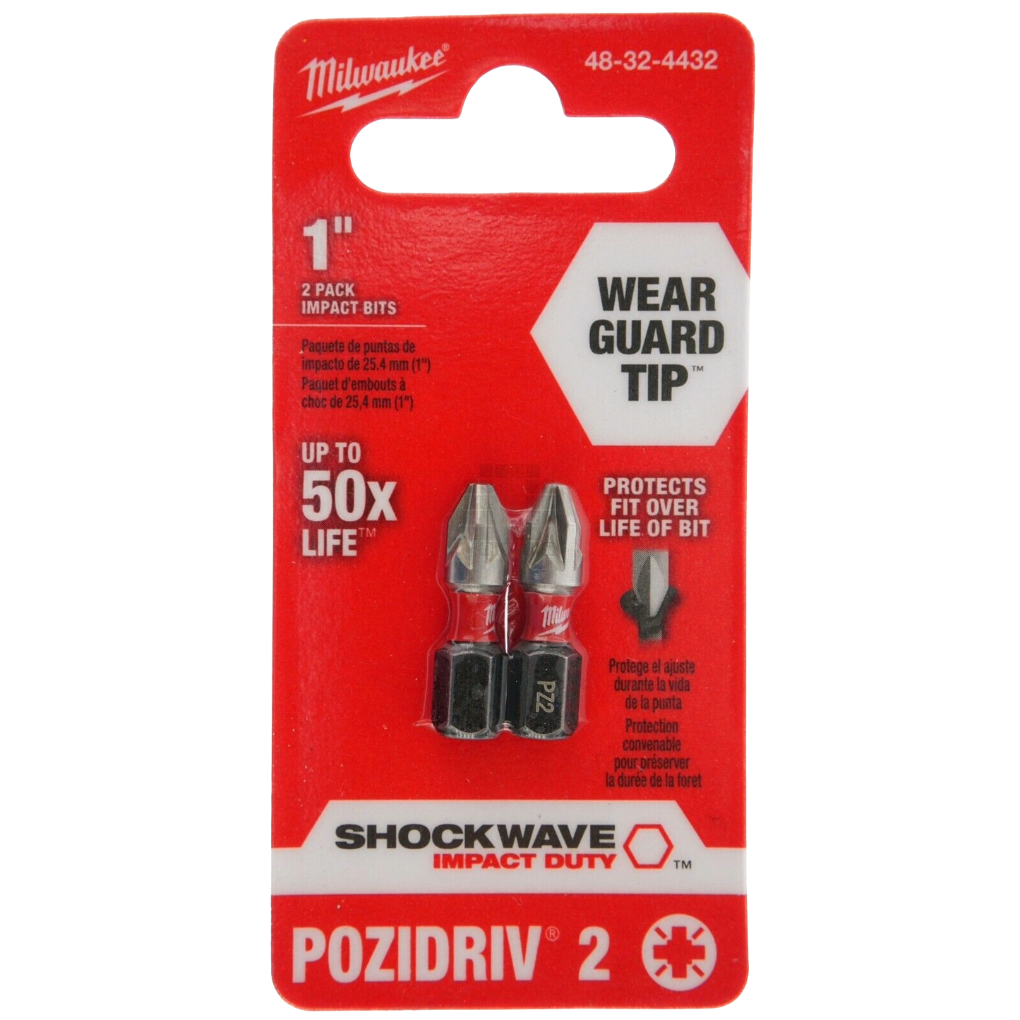 Two-pack of 1-inch Pozidriv #2 impact driver bits with enhanced wear guard tip for tool accessories and home improvement