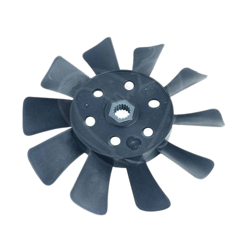 Black plastic cooling fan with multiple blades for automotive and John Deere engine parts collections
