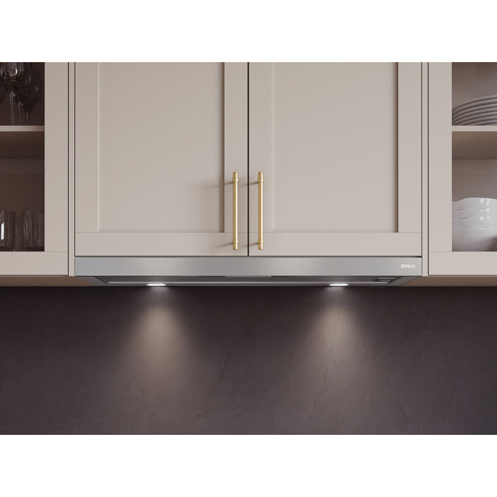 Stainless steel under-cabinet range hood with retractable visor and LED lighting for kitchen and home improvement use