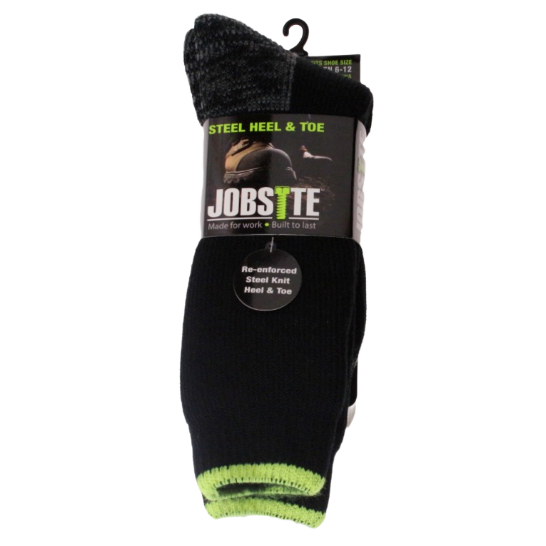 Black acrylic thermal boot socks with reinforced steel heel and toe for cold weather workwear comfort
