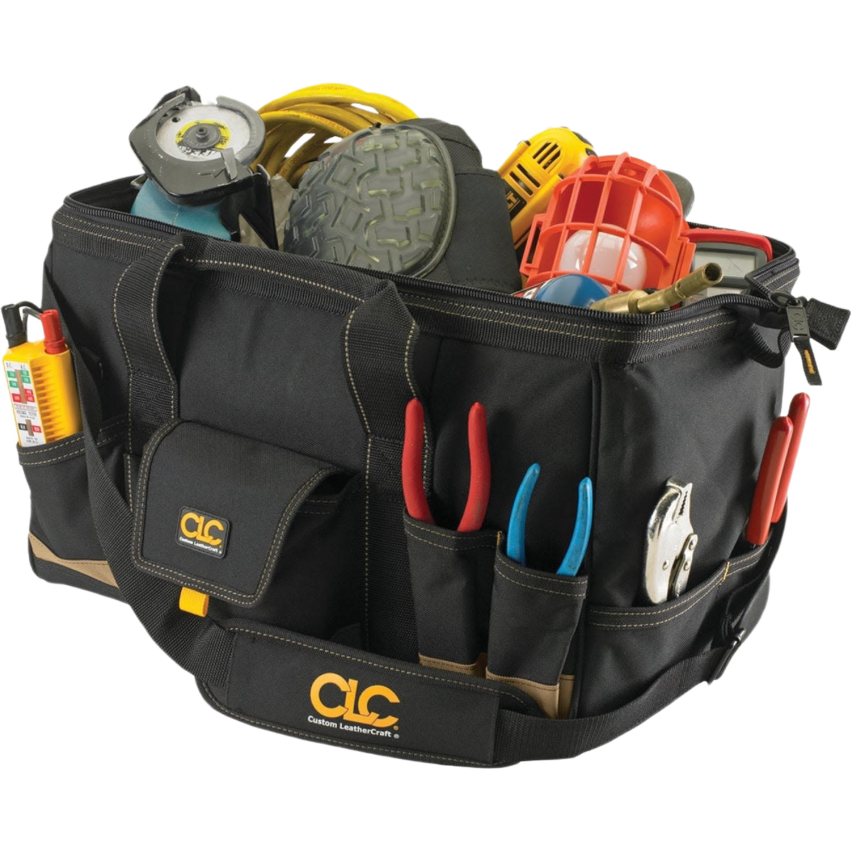 Durable black tool bag with multiple pockets holding hand tools and accessories for woodworking and home improvement tasks