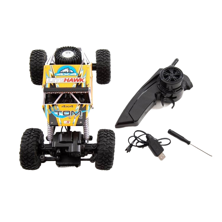 Yellow and black remote control off-road truck with oversized wheels, controller, charger, and screwdriver for toy collections under $100