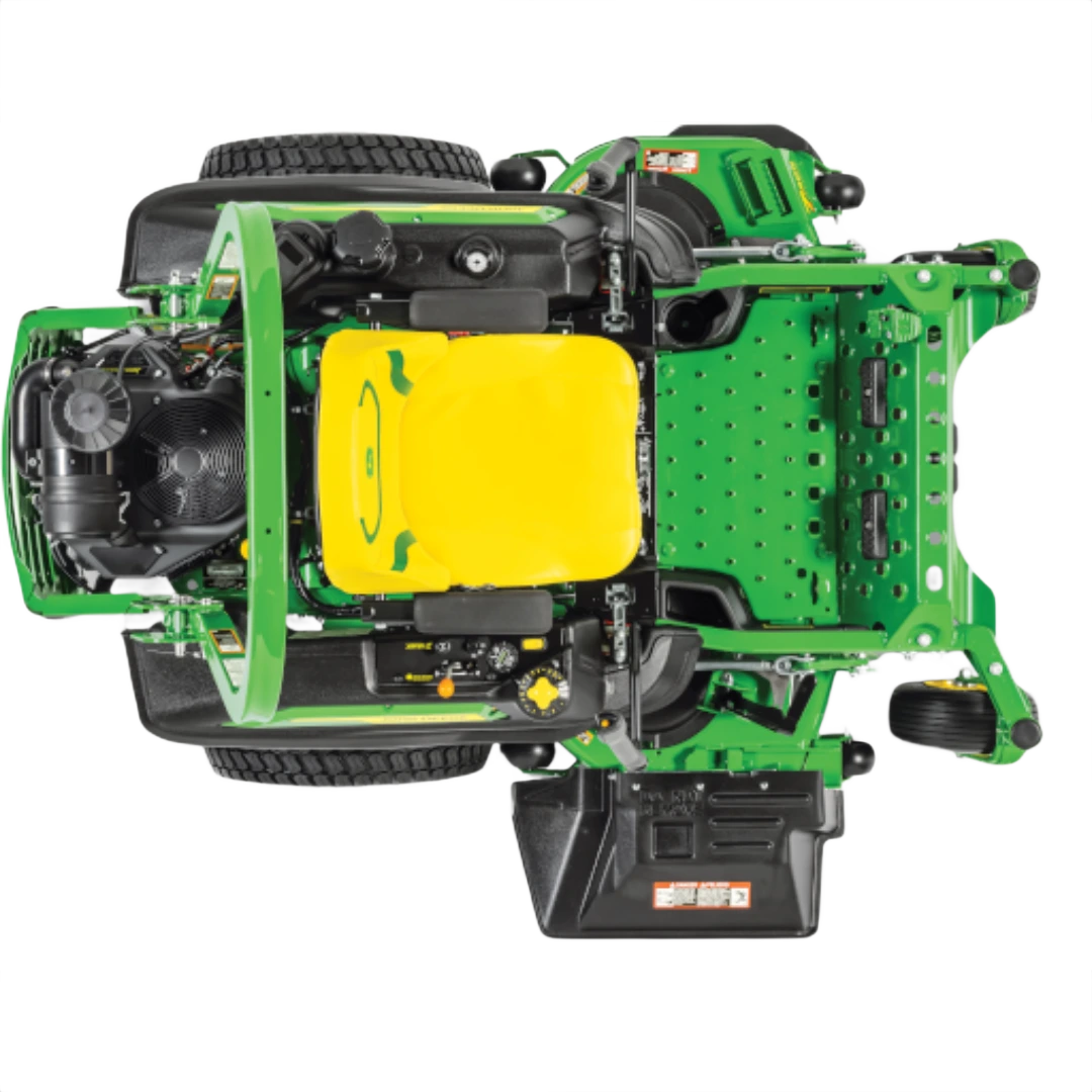 Top-down view of green and yellow zero-turn mower with a spacious operator platform and 60-inch cutting deck for home lawn care.