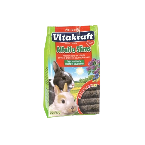 Green and red bag of alfalfa snack sticks for rabbits with images of two rabbits and flowers on the packaging
