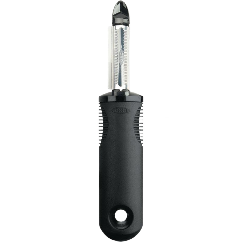 Kitchen serrated peeler with ergonomic black handle and stainless steel blade for easy fruit and vegetable peeling tasks
