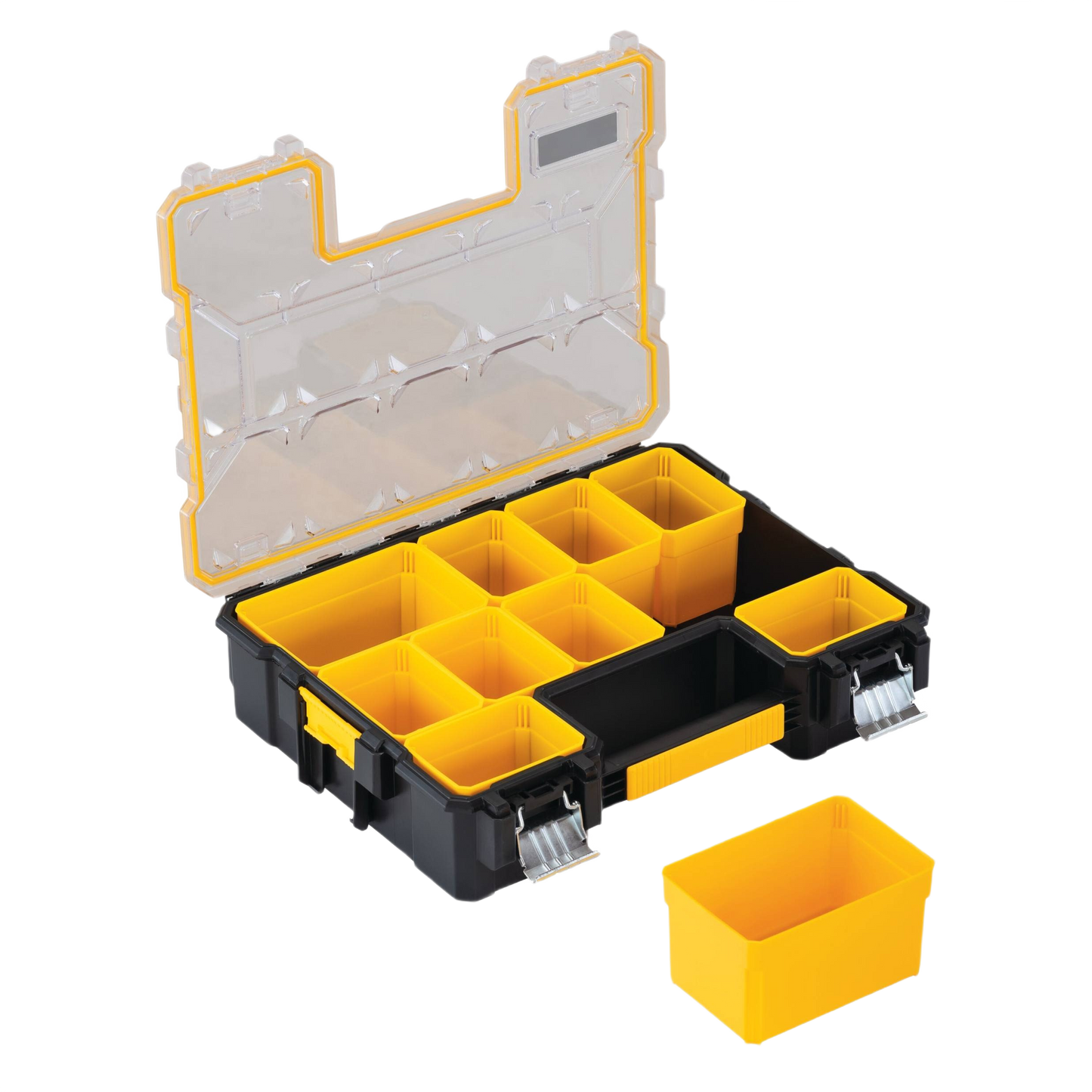 Black and yellow customizable storage box with removable compartments for tool and workshop organization under $100 collections