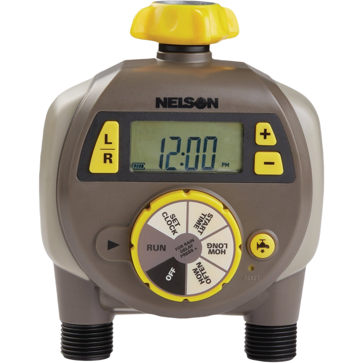 Dual outlet garden watering timer with LCD screen and control dial for irrigation in Lawn & Garden collections under $50