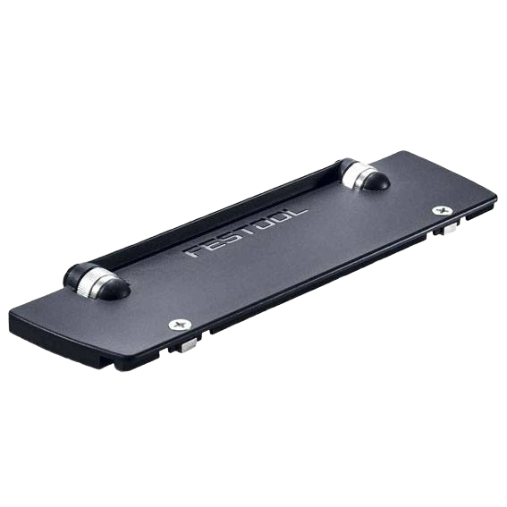 Black rectangular guide rail adapter plate with two metal rollers and engraved branding for home improvement tools