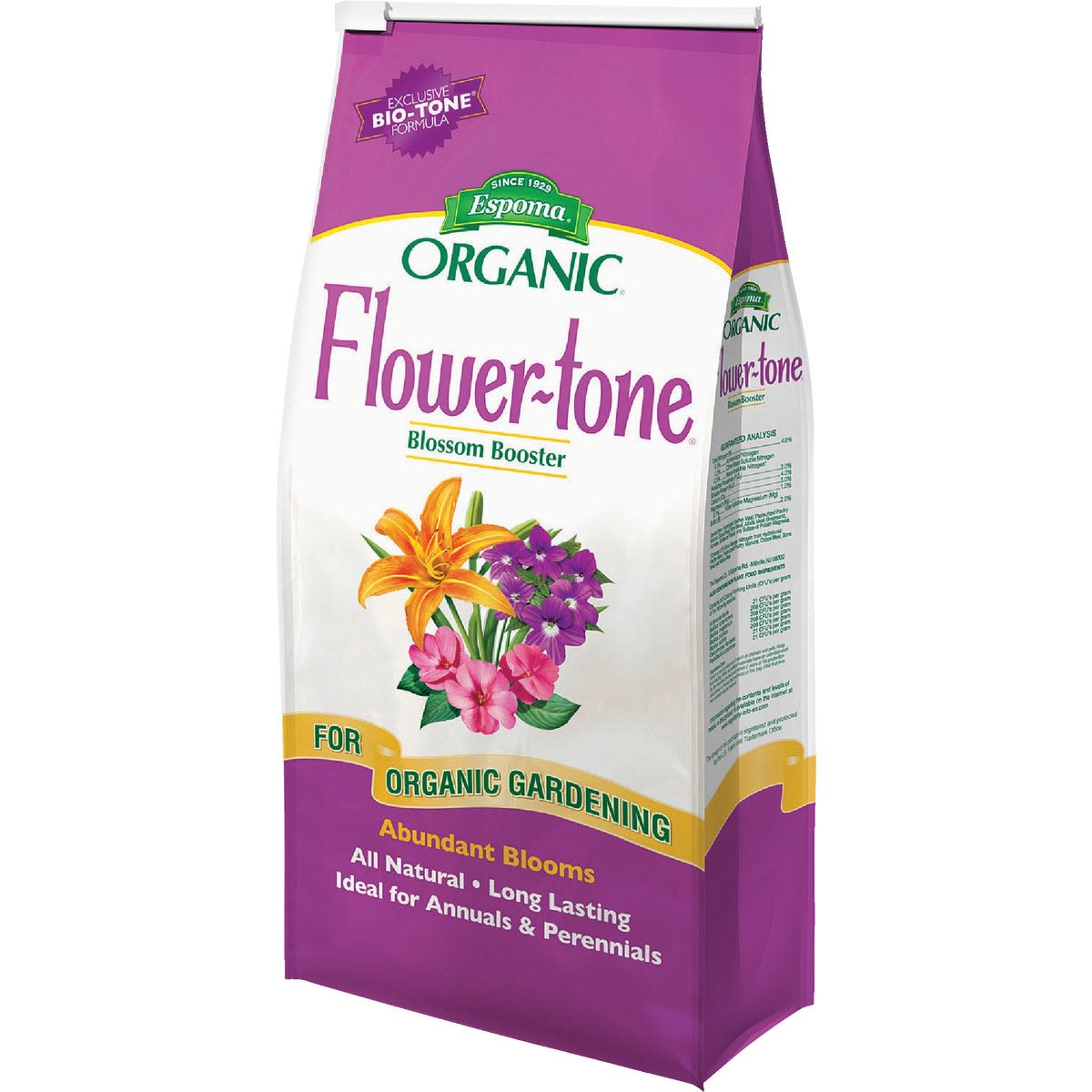 Purple and white bag of organic bloom booster plant food for annuals and perennials in Lawn & Garden collections