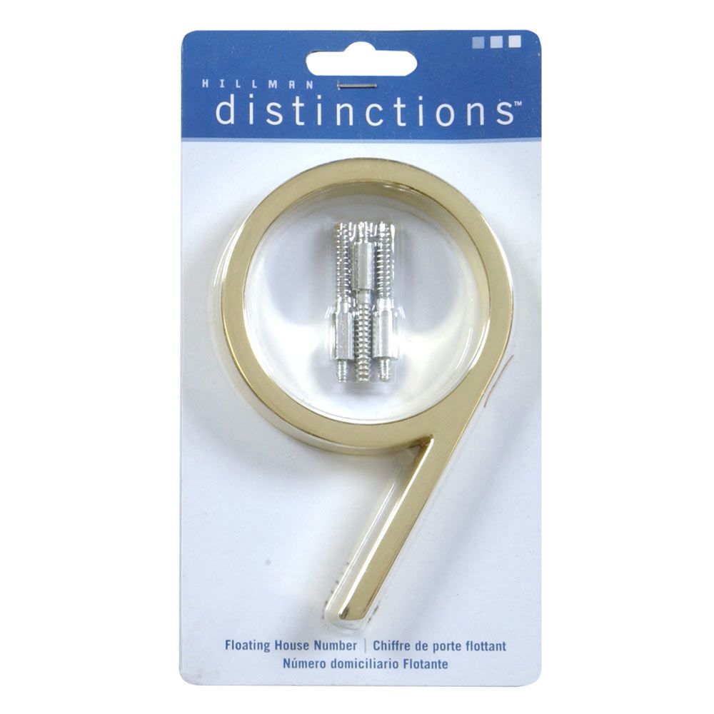 Brass floating house number 9 with mounting hardware for outdoor use, part of hardware and signs collection under $50
