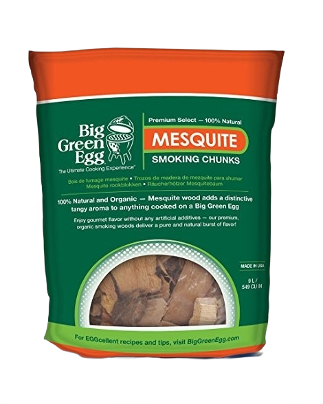Green and orange bag of mesquite wood chunks for smoking with natural aroma, used in grilling and home cooking projects