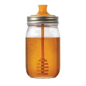 Glass jar filled with honey and an orange honey dipper lid with screw-on metal rim for kitchen use