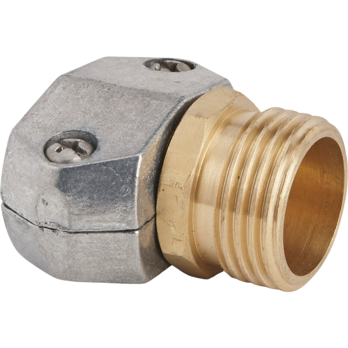 Metal hose end mender with brass male threaded coupling for garden hose repair and home improvement tasks