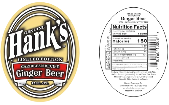 Front and back labels of limited edition Hanks Caribbean recipe ginger beer in a 12 oz. bottle design