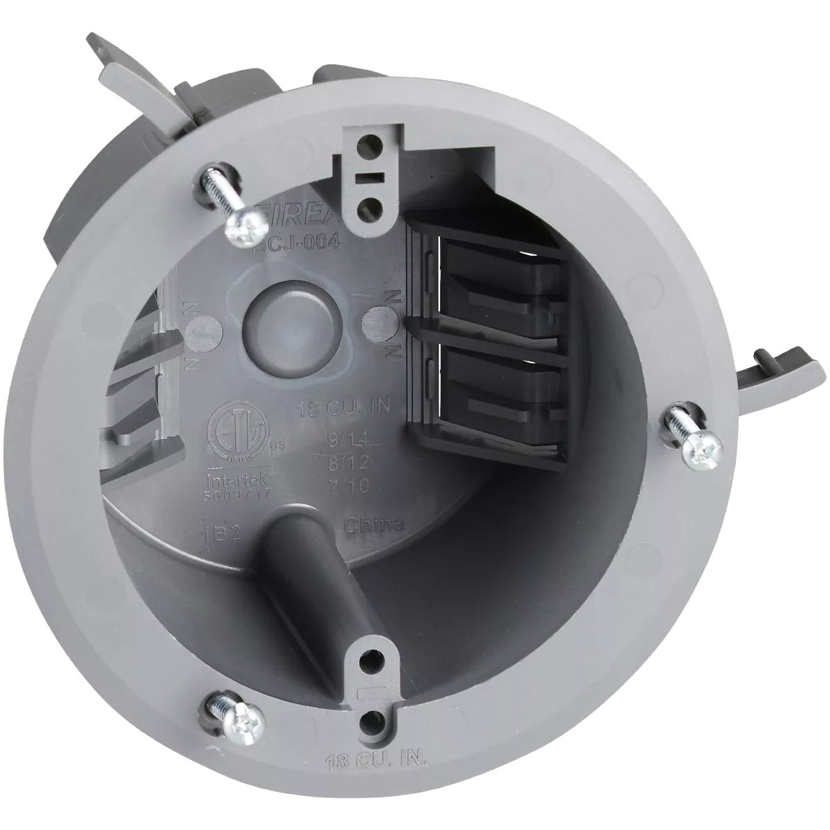 Gray molded PVC ceiling electrical box with adjustable tabs for old work applications in electrical and home improvement collections