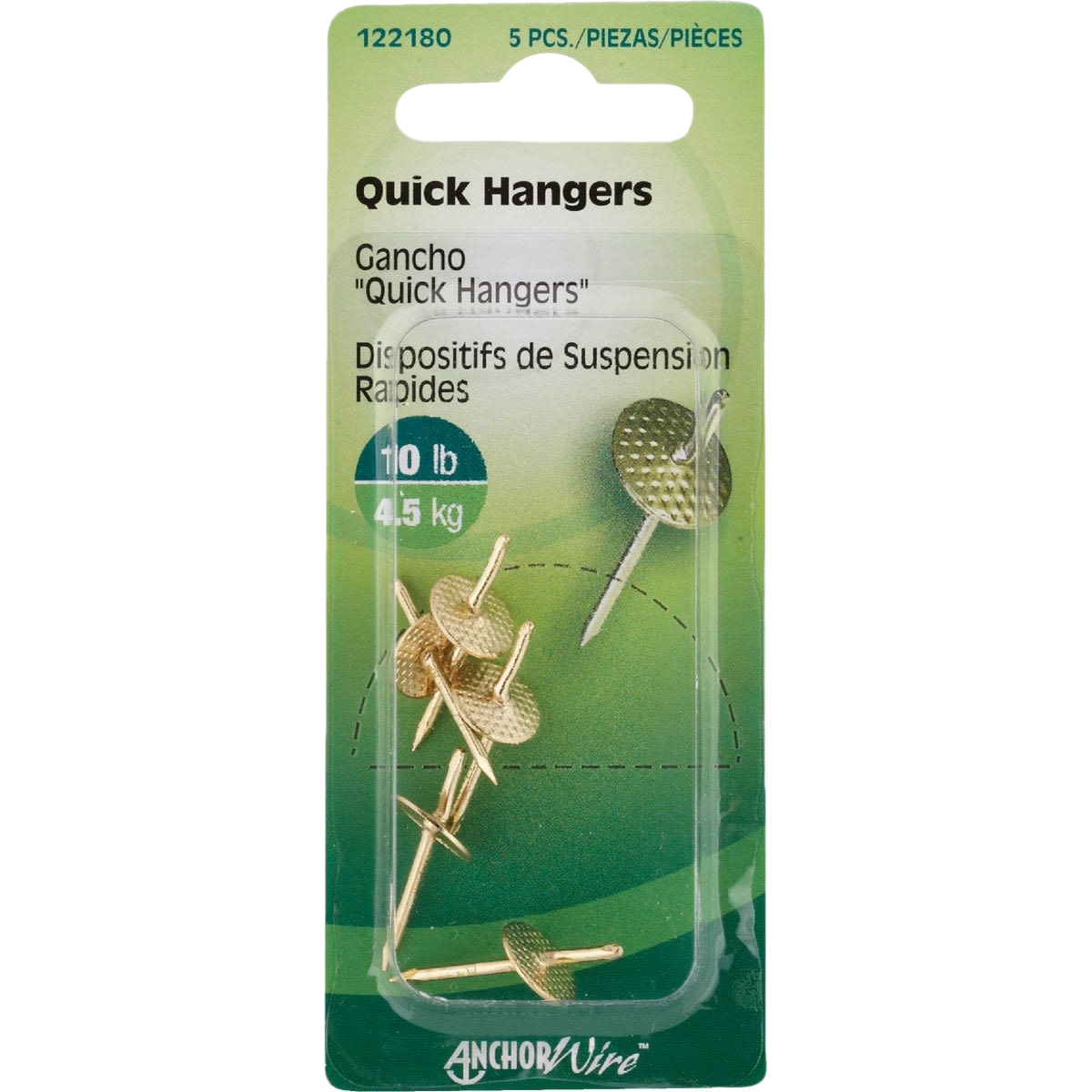 Five gold-tone wire quick hangers with textured heads, designed for secure hanging in home improvement projects under $50
