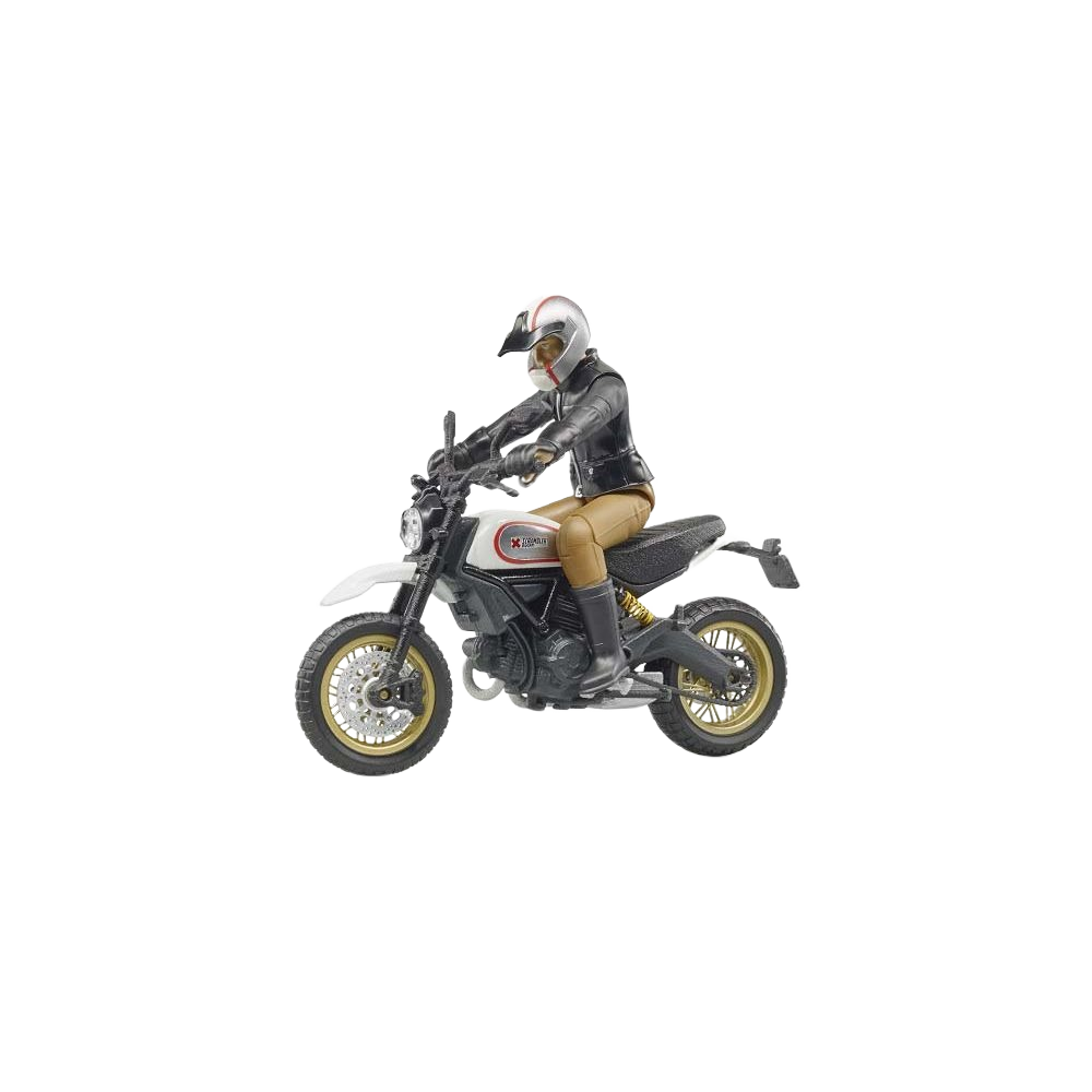 1:16 scale scrambler motorcycle toy with rider figure wearing helmet and casual riding outfit