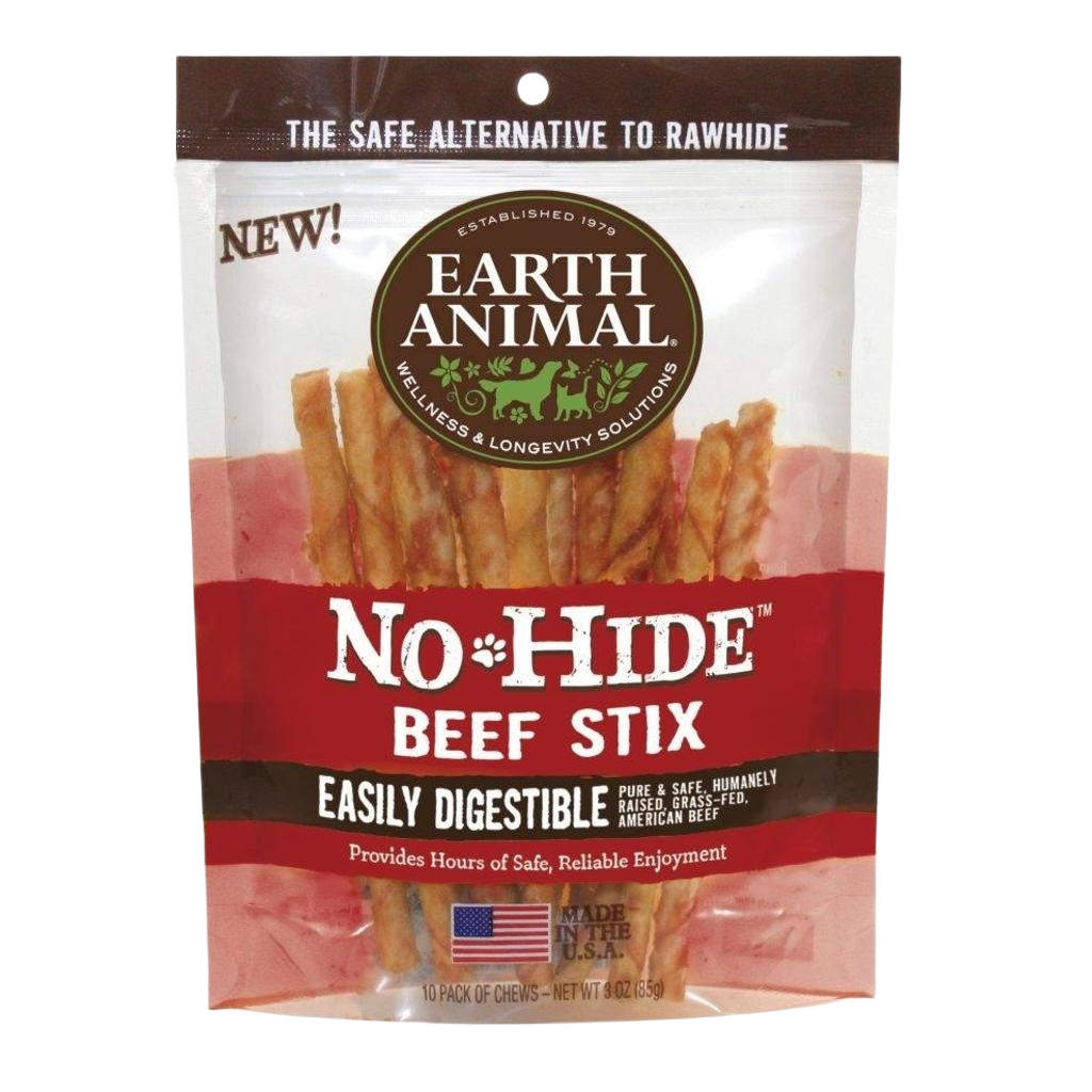 Resealable pouch of digestible beef chew sticks for dogs made from safe, natural ingredients