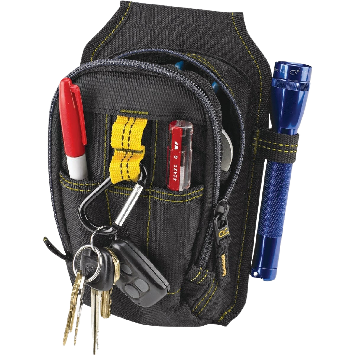 Compact black polyester tool pouch with zippered main compartment, pen holder, flashlight loop, and key clip for workshop organization