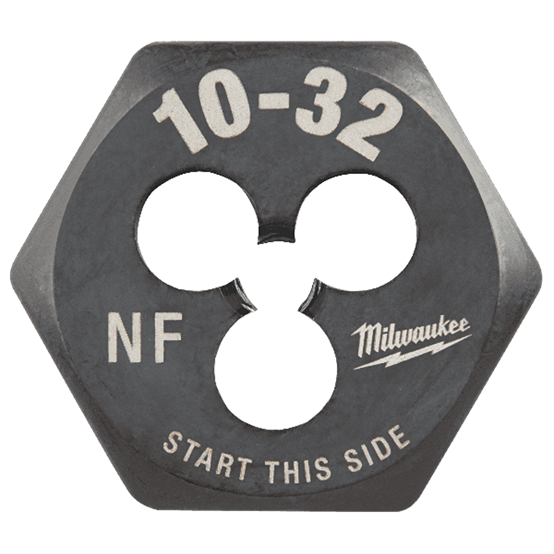 Hexagonal threading die with clear markings for 10-32 NF threads, designed for precise external thread cutting in tools.
