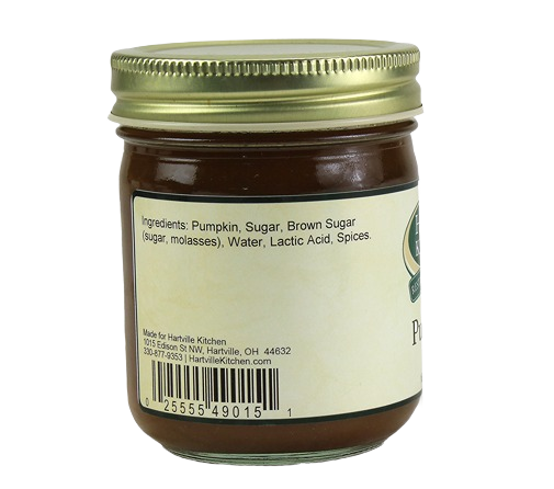 Glass jar of pumpkin butter with gold lid showing ingredients label in Jams & Jellies and Under $25 collections