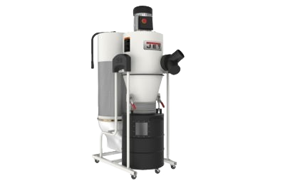 White and black industrial cyclone dust collector with metal frame and wheels for home improvement workshops