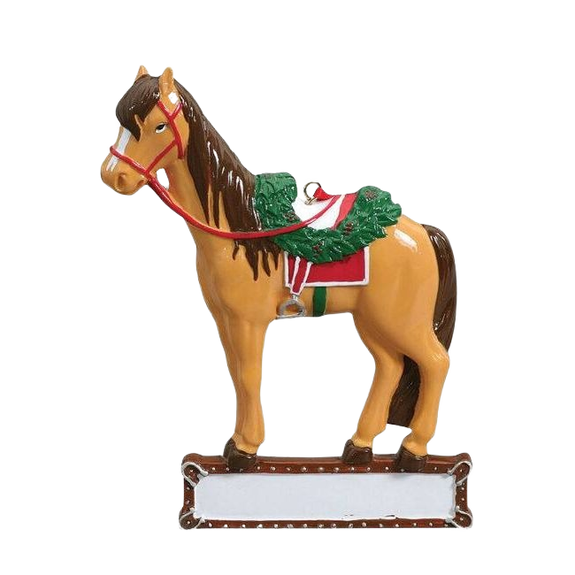 Tan saddled horse ornament with festive green garland and red reins in Christmas Ornaments & Tree Decorations collection