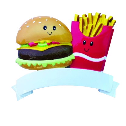 Happy burger and fries couple ornament with smiling faces and personalized ribbon for Christmas Ornaments collection under $50