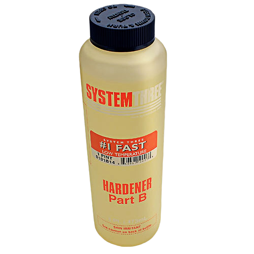 Plastic bottle of fast-curing epoxy hardener for wood sealers and finishing in home improvement supplies collections