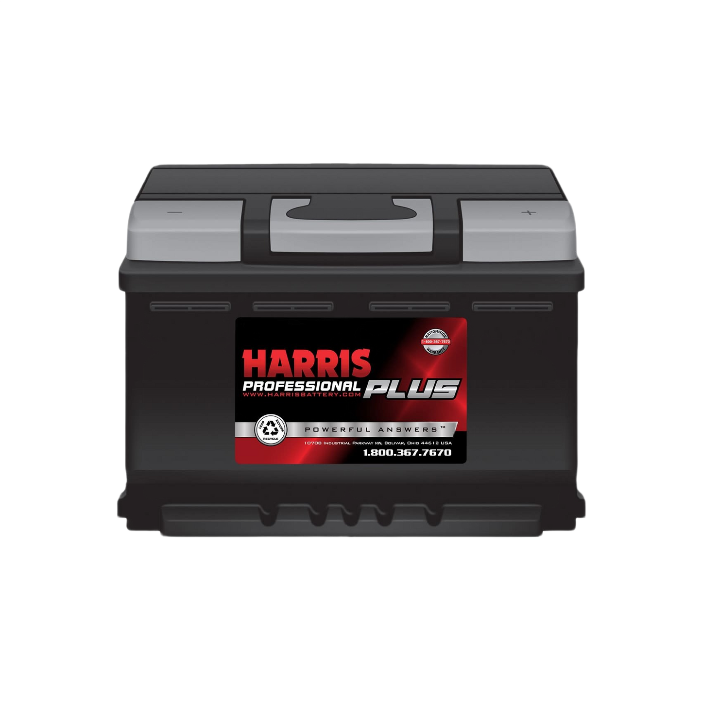 Harris Professional Plus automotive flooded lead acid battery with black casing for reliable starting and ignition use
