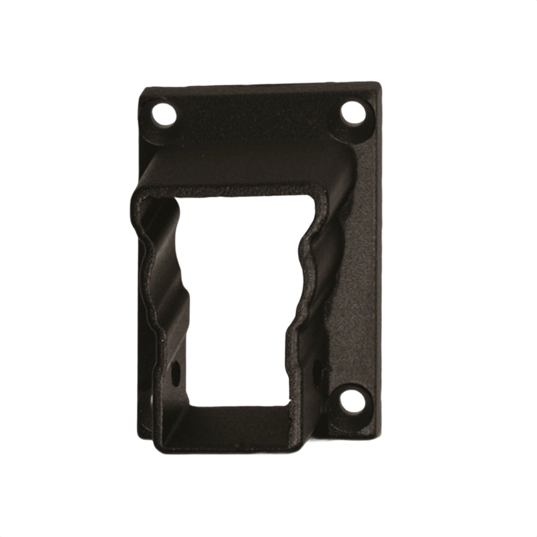 Black metal stair mount bracket with four screw holes for secure home improvement installation applications