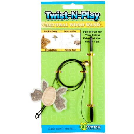 Interactive natural wood cat wand toy with dangling butterfly teaser for playful feline fun and exercise