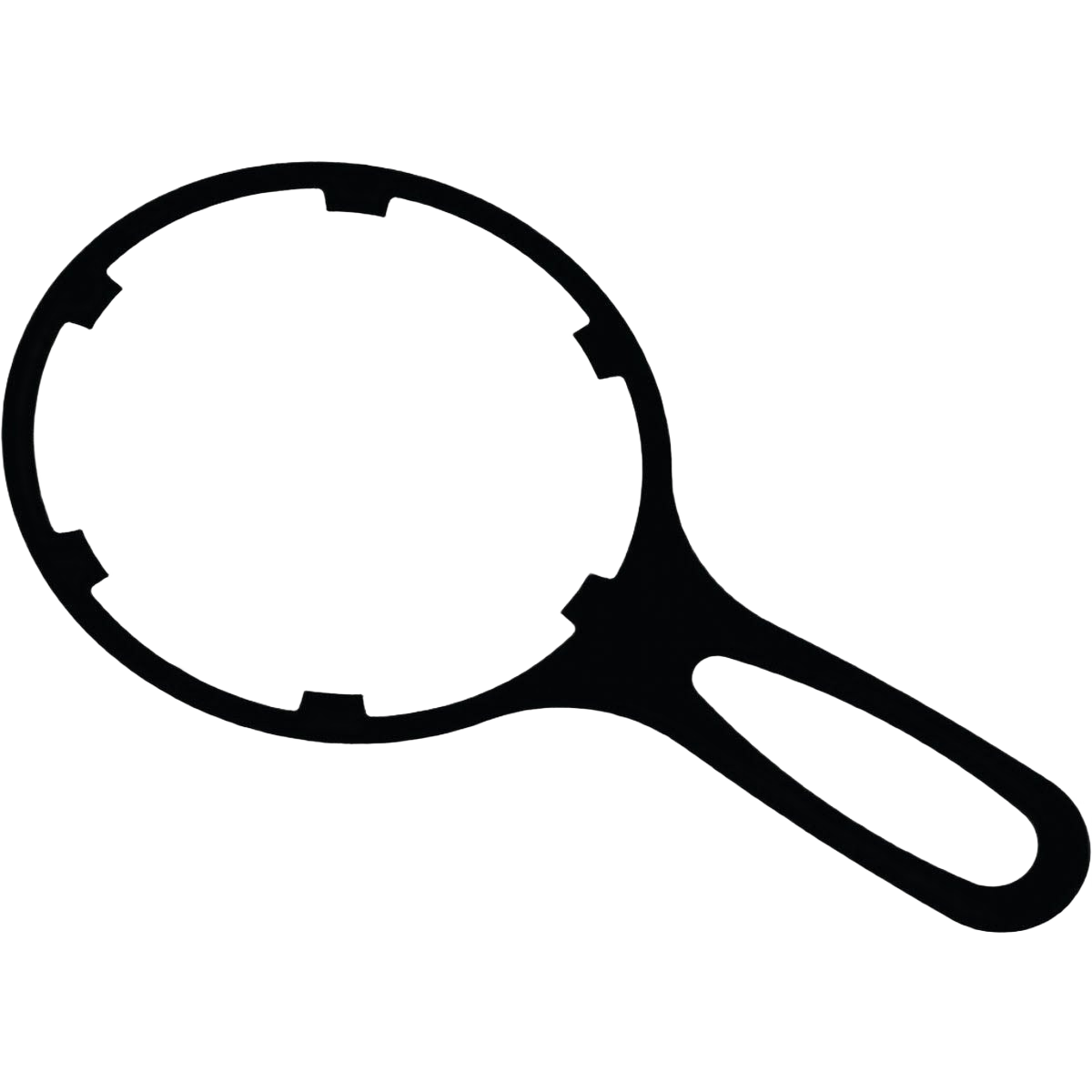Heavy-duty black wrench with circular open frame and handle designed for whole house water filter maintenance tasks