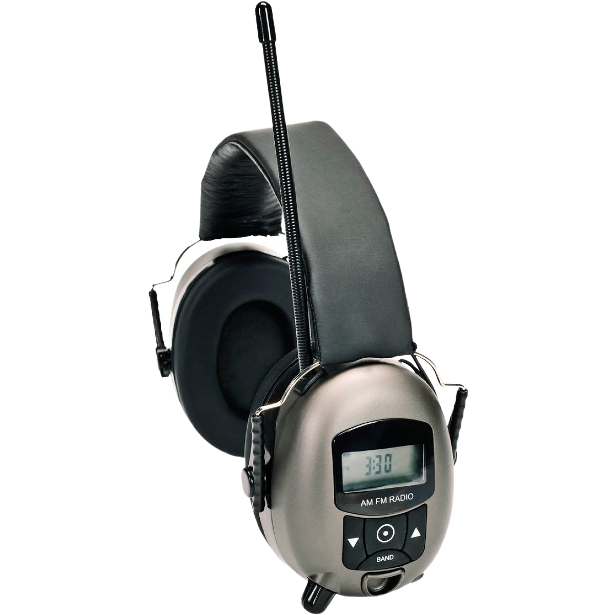 Gray and black radio earmuffs with digital display and antenna for hearing protection and safety gear collections