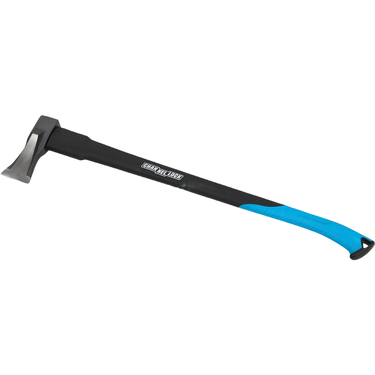 Long fiberglass handled splitting maul with black shaft and blue grip for tools and home improvement tasks