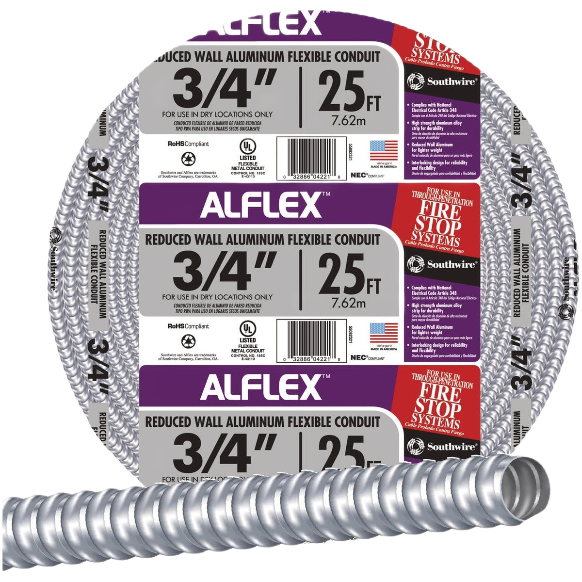Coiled aluminum flexible conduit with silver finish for electrical conduit and fittings in home improvement collection.