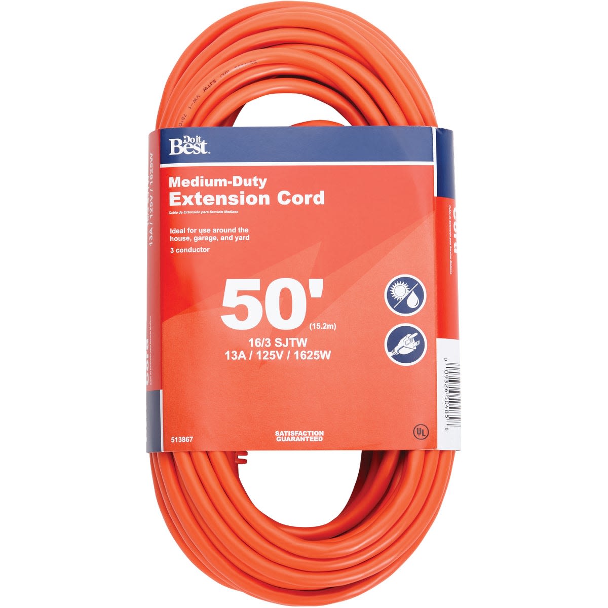 Orange 50 ft medium-duty outdoor extension cord with 16-gauge wire for electrical and home improvement tasks