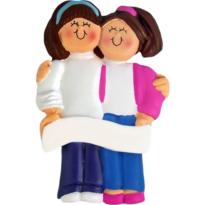 Decorative Christmas ornament of two smiling brunette friends hugging from Ornament Central under 50 dollars