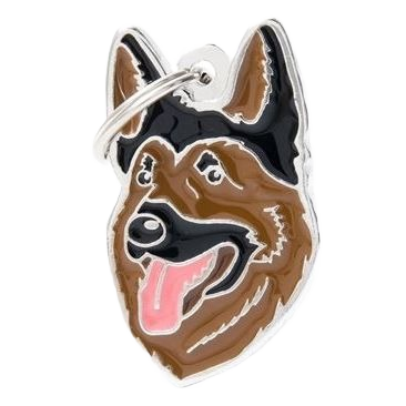 Enamel dog ID tag shaped like a German Shepherd face with detailed brown, black, and tan coloring on metal backing