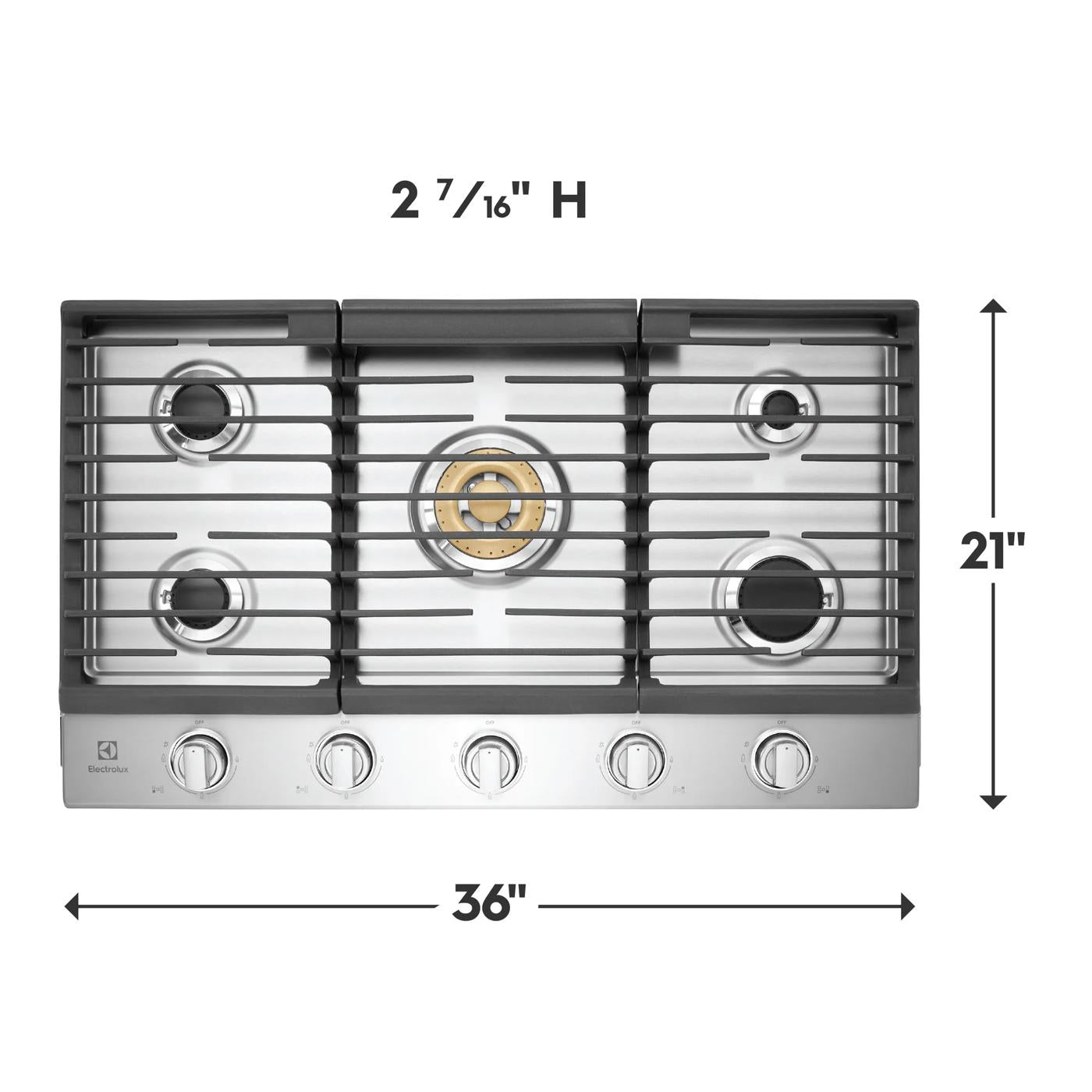 Brushed stainless steel 36-inch gas cooktop with five burners including a central brass power burner for kitchen tools