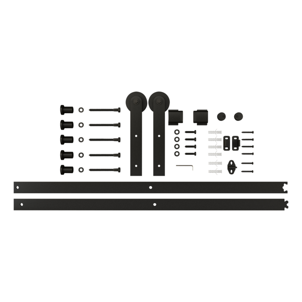 Matte black two-piece barn door hardware kit with rollers and mounting screws for interior door installation projects