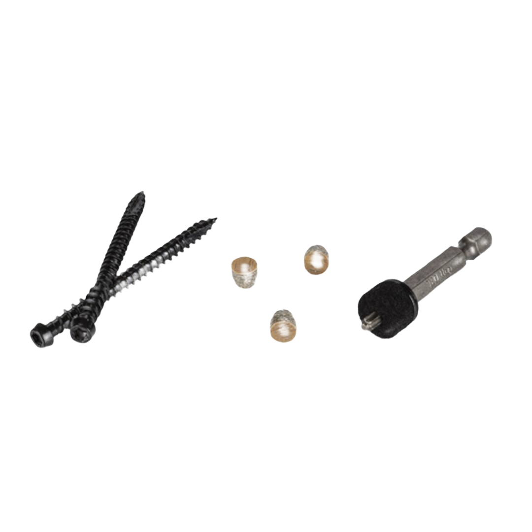 Set of black fastener screws, wooden plugs, and a drill bit attachment for decking installation and home improvement tasks