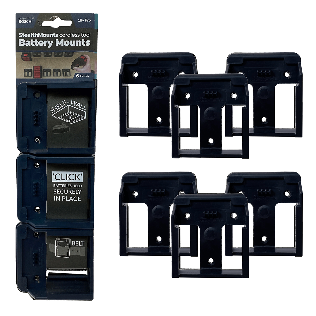 Set of six blue battery mounts for organizing Bosch cordless tool batteries in workshop storage solutions under $50