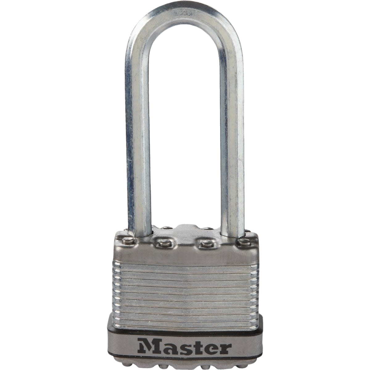 Heavy-duty keyed padlock with long shackle and layered steel body for secure fastening in hardware collections