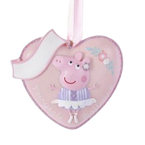 Pink heart-shaped ornament with Peppa Pig figure in purple dress and floral accents for personalized holiday decor