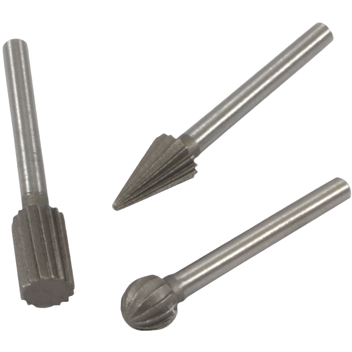 Three-piece mini rotary file set with cylinder, ball, and bullet shapes for versatile tool accessories under $50 collections.