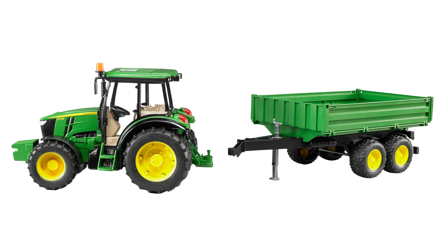 Green Bruder John Deere 5115M tractor with yellow wheels and detachable green trailer for farm and home improvement play.
